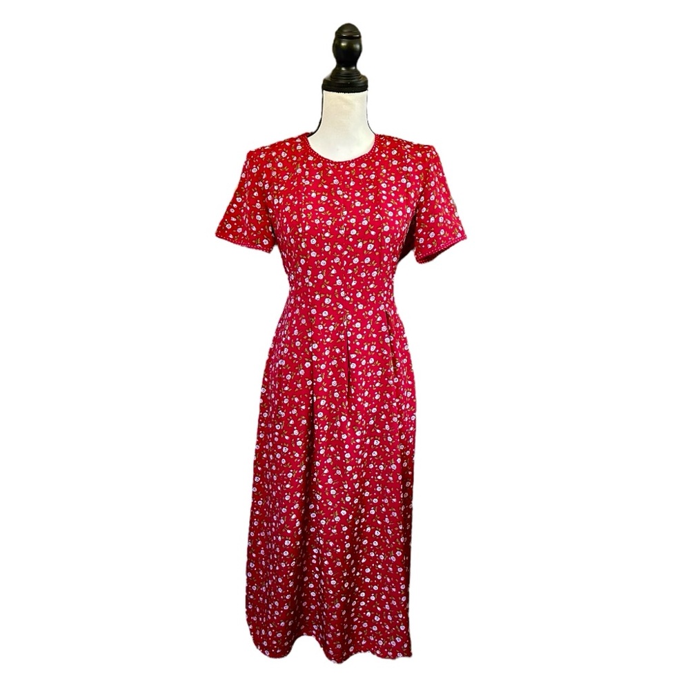 VTG 90s Kathie Lee Midi Dress Red Floral Polkadot Cottagecore Countrycore Size 4
